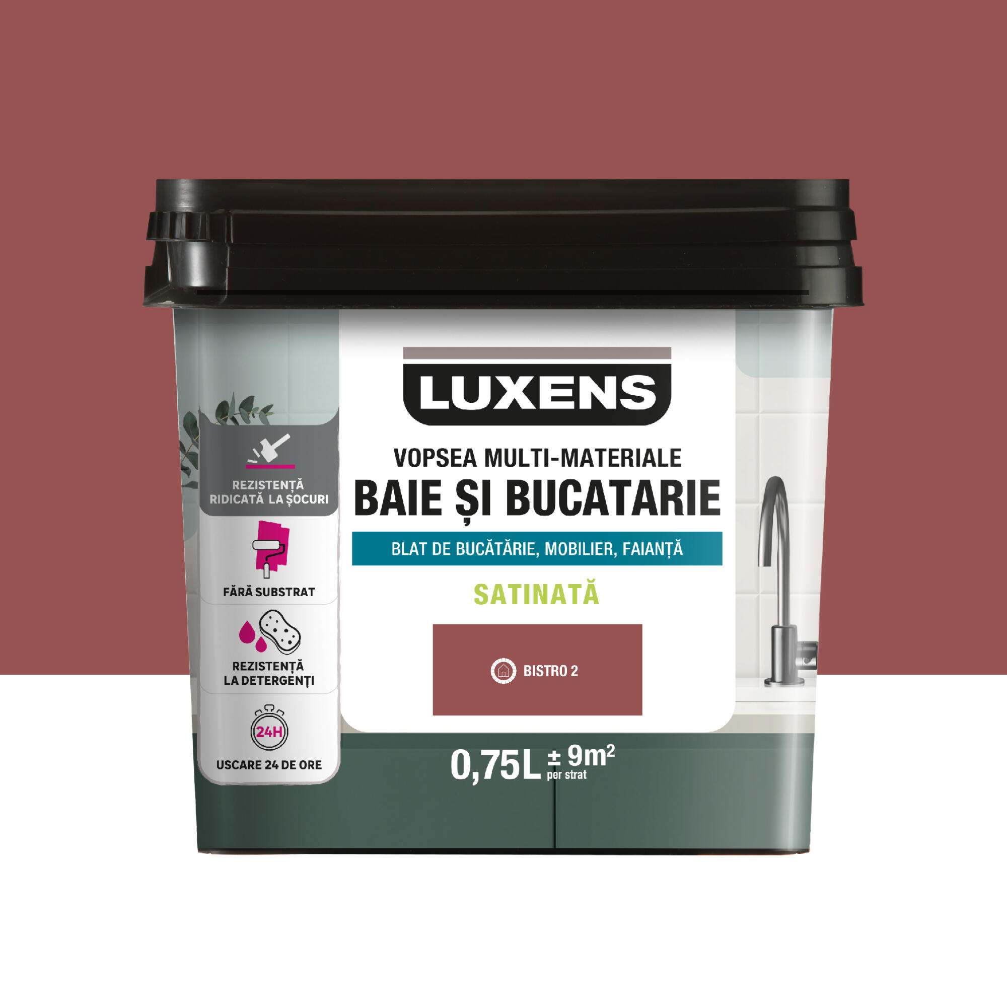 Vopsea multi-materiale, pe baza de apa Luxens, pentru baie si bucatarie, rosu bistro 2, aspect satinat, 0.75 L