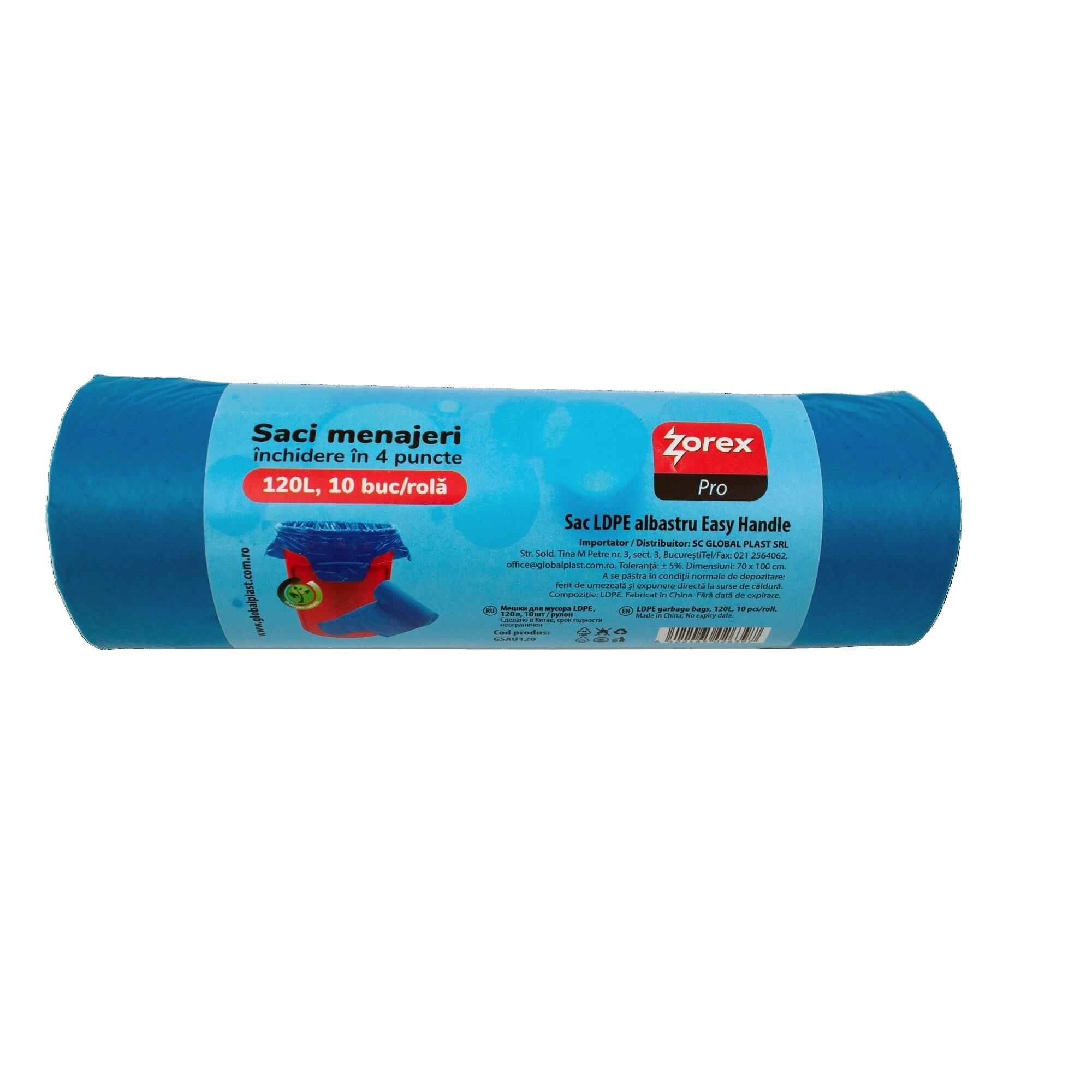 Saci menajeri LDPE 120 L x 10 bucati, cu manere, Zorex Pro, albastru 10buc