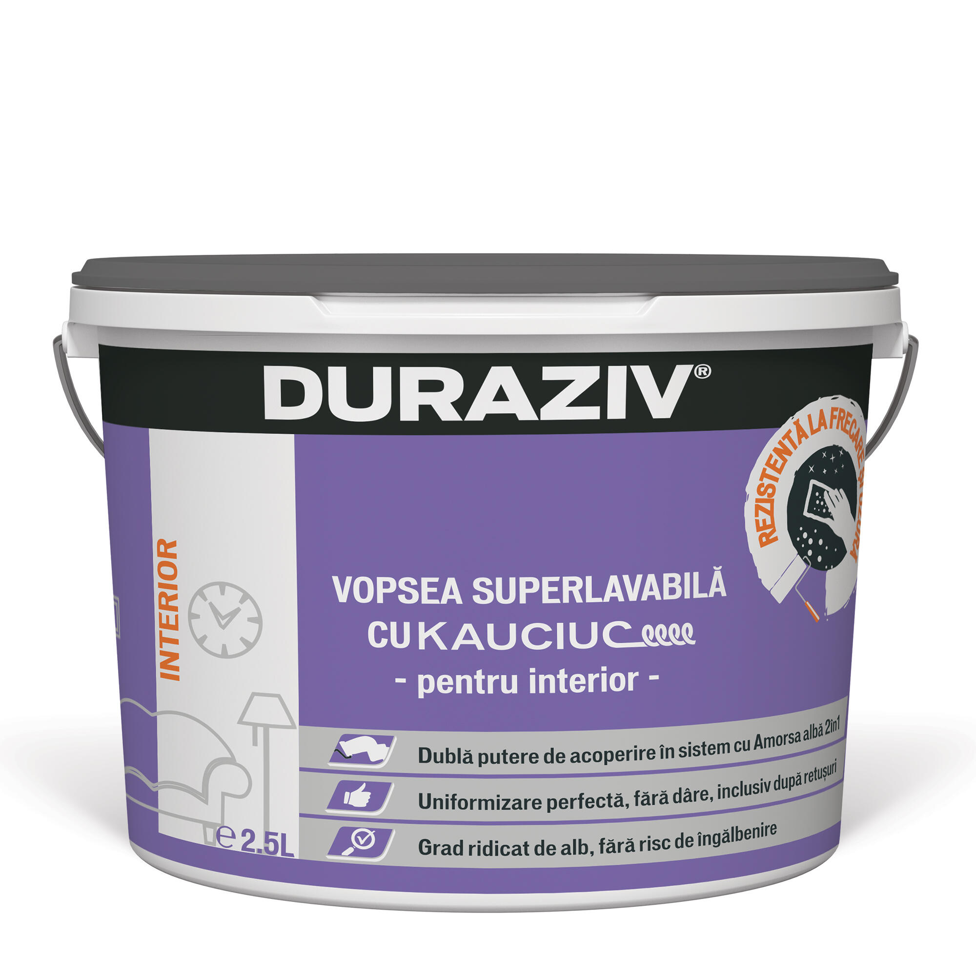 Vopsea lavabila alba Duraziv Kauciuc, de interior, 2.5 L, aspect mat