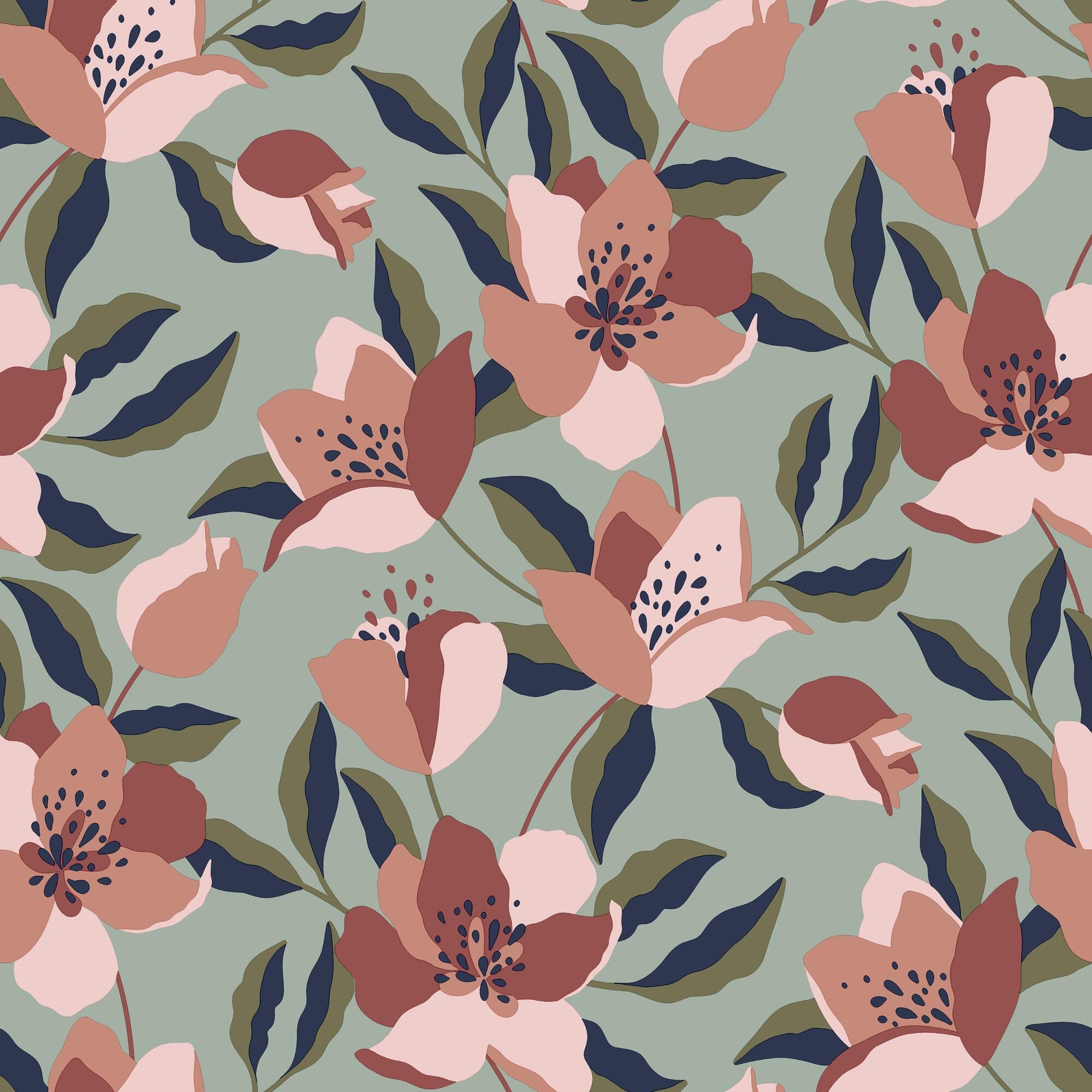 Tapet vinil Inspire Abalia, roz/verde, model floral, rola 0.53 x 10 m ...