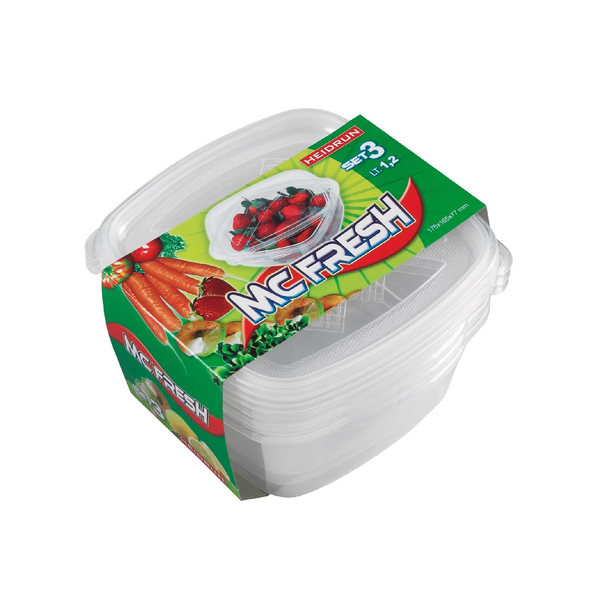 Set 3 caserole cu capac, din plastic, 1.2 L/buc, 17.5 x 17 x 8 cm, transparent