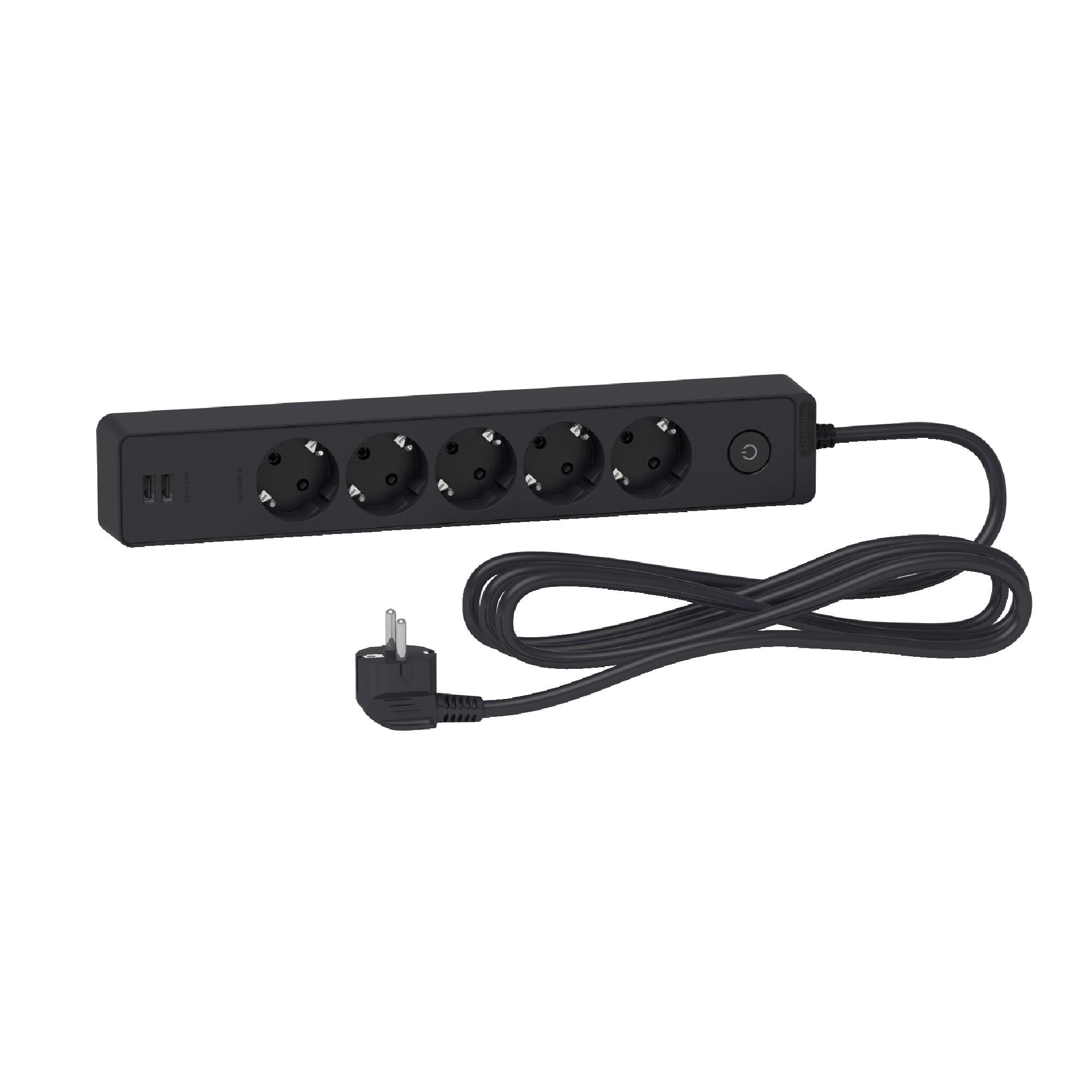 Prelungitor cu fir Schneider cu intrerupator, 5 prize si 2 USB, 3680 W, 3 m, negru