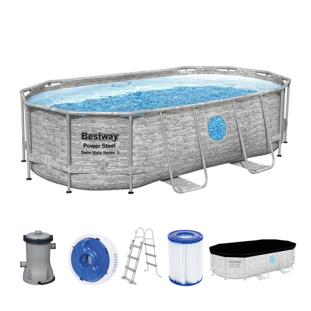 Piscina tubular de acero gris ovalada 3.97x2.3x1 m con depuradora de cartucho y escalera de seguridad BESTWAY