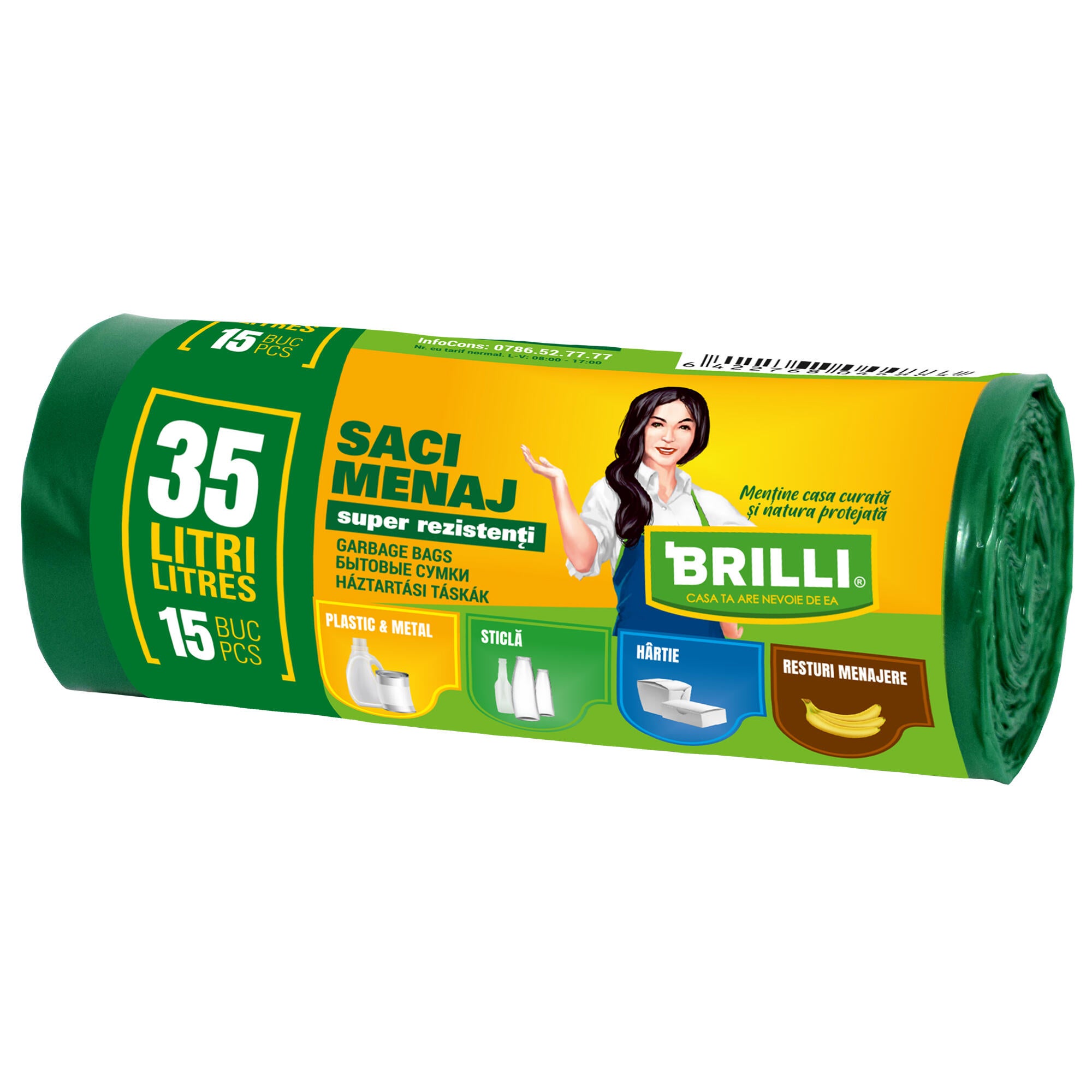 Saci menajeri LDPE 35 L x 15 bucati, Brilli, verde 15buc