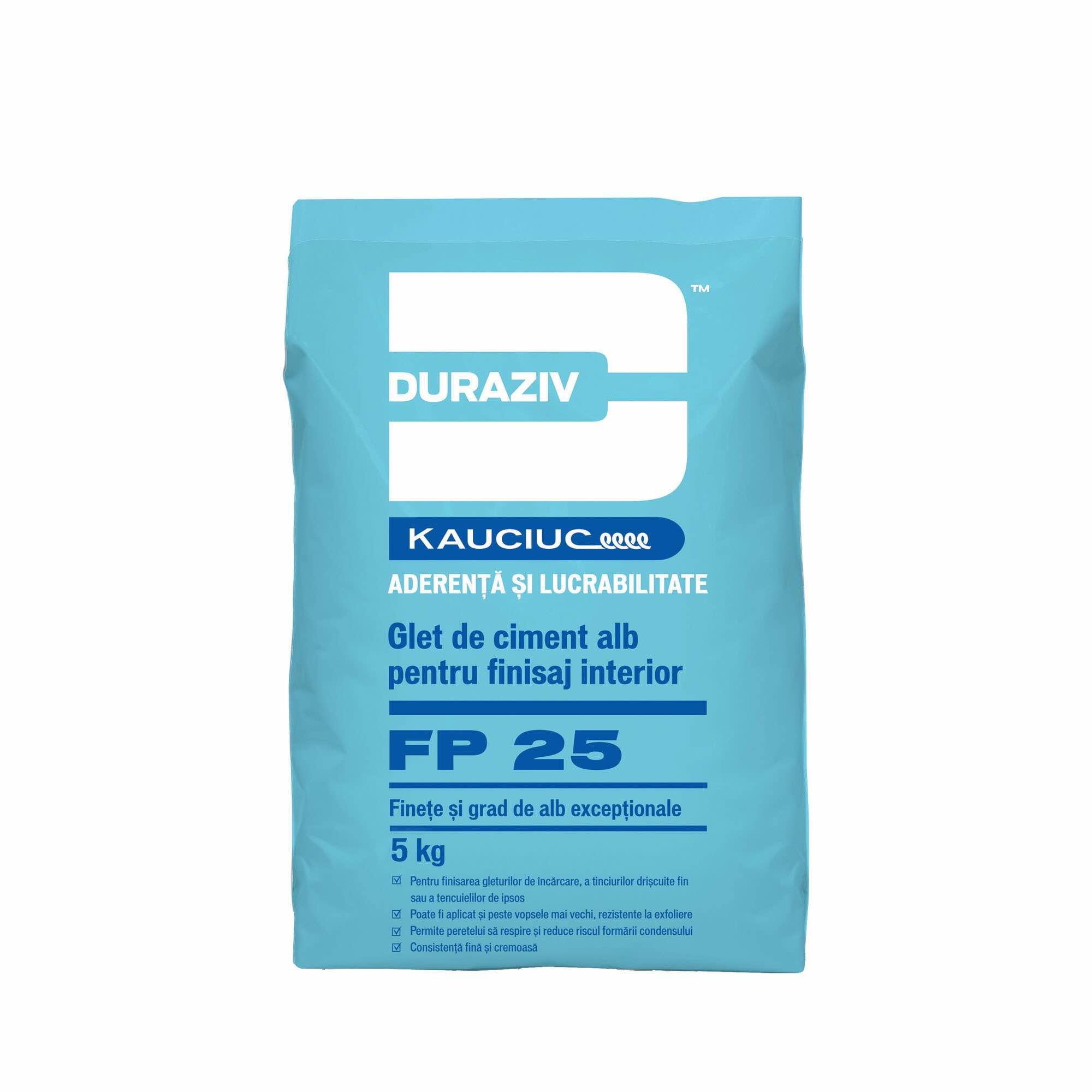 Glet de ciment alb Duraziv Kauciuc FP 25, pentru finisaj, interior, alb, 5 kg
