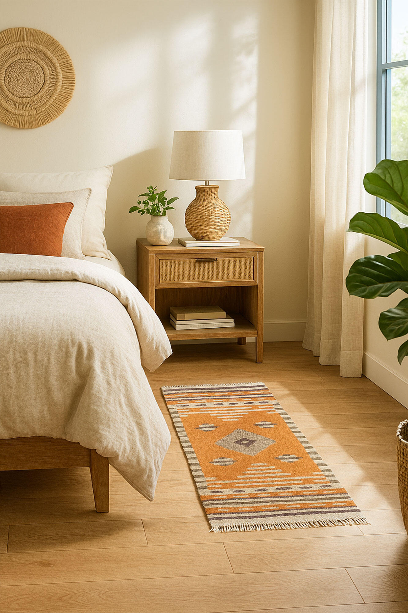 Alfombra pie de cama lana Kilim Azteca 110x60cm tejido plano TAKOR NUEVO ORIENTE geométrico naranja - 2