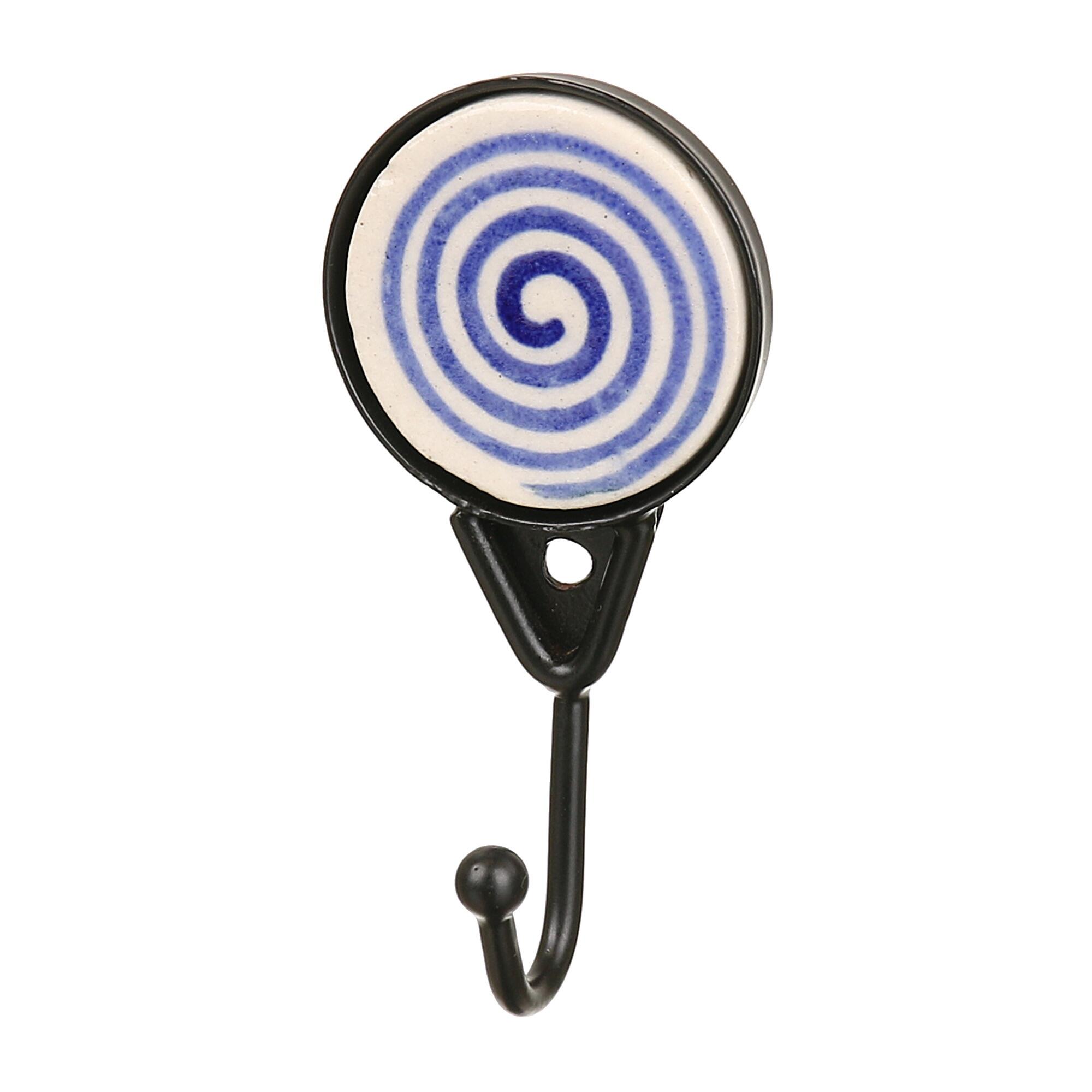 Cuier autoadeziv, model spirala, o agatatoare simpla, portelan si metal, 4 cm, alb/albastru