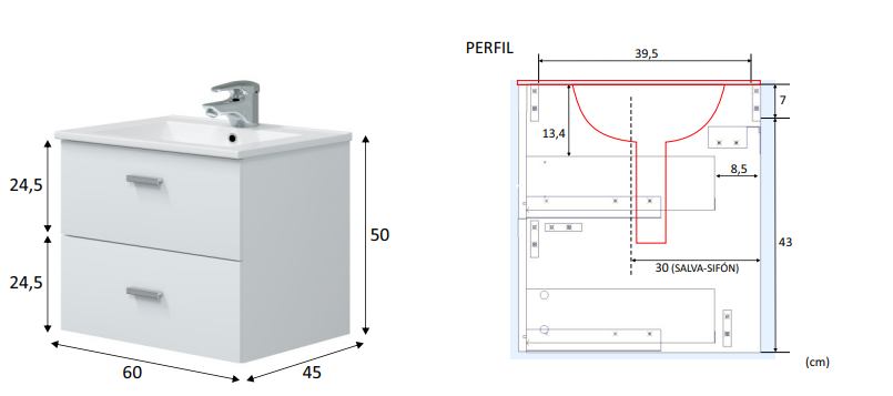 MUEBLE DE BAÑO ECO BLANCO 60X45CM 2 CAJONES - 9