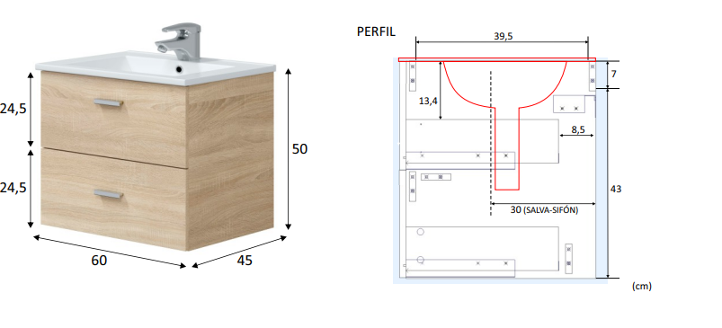 MUEBLE DE BAÑO ECO ROBLE 60X45CM 2 CAJONES - 7