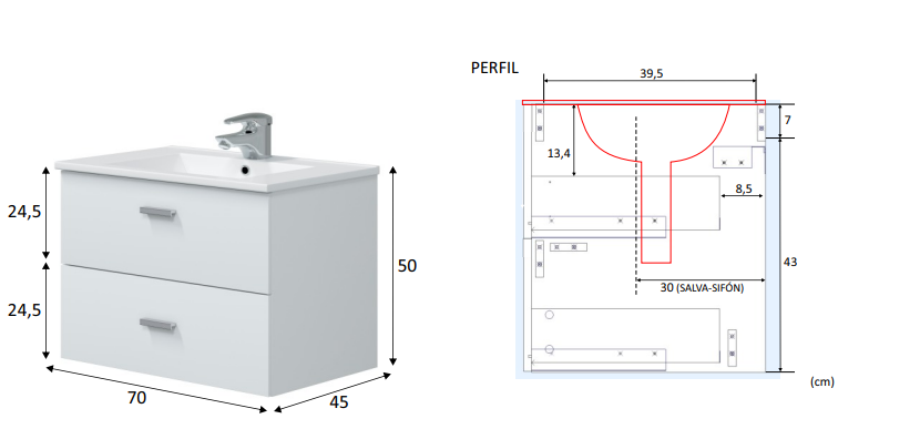 MUEBLE DE BAÑO ECO BLANCO 70X45CM 2 CAJONES - 7