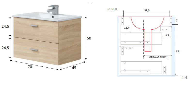 MUEBLE DE BAÑO ECO ROBLE 70X45CM 2 CAJONES - 8