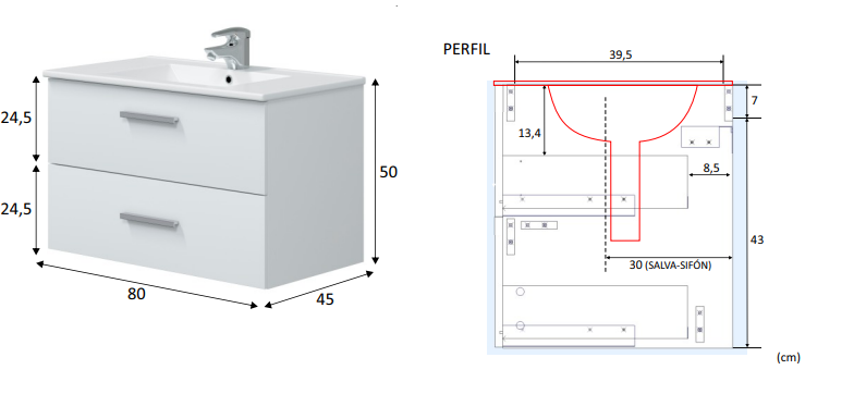 MUEBLE DE BAÑO ECO BLANCO 80X45CM 2 CAJONES - 8