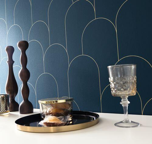 Papier peint intissé kitchen box ornament bleu nuit doré