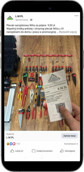 zdjęcie telefonu z fałszywą reklamą na Facebooku, w której oszuści podszywają się pod markę Leroy Merlin Polska gdzie w zamian za wypełnienie krótkiej ankiety oferowany jest rzekomy plecak narzędziowy