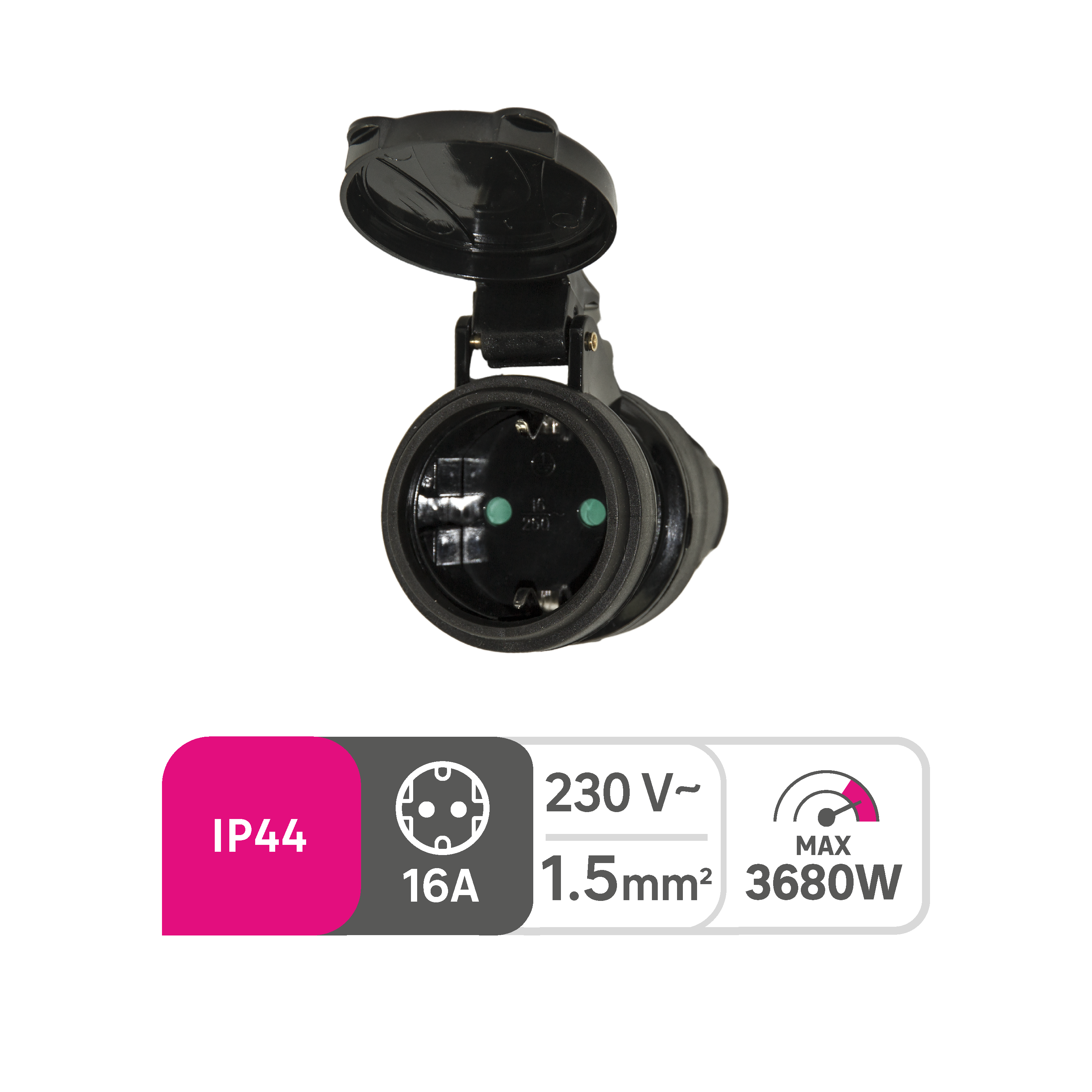 Ficha fêmea LEXMAN 2p+t 16a ip44 com tampa preta - 2