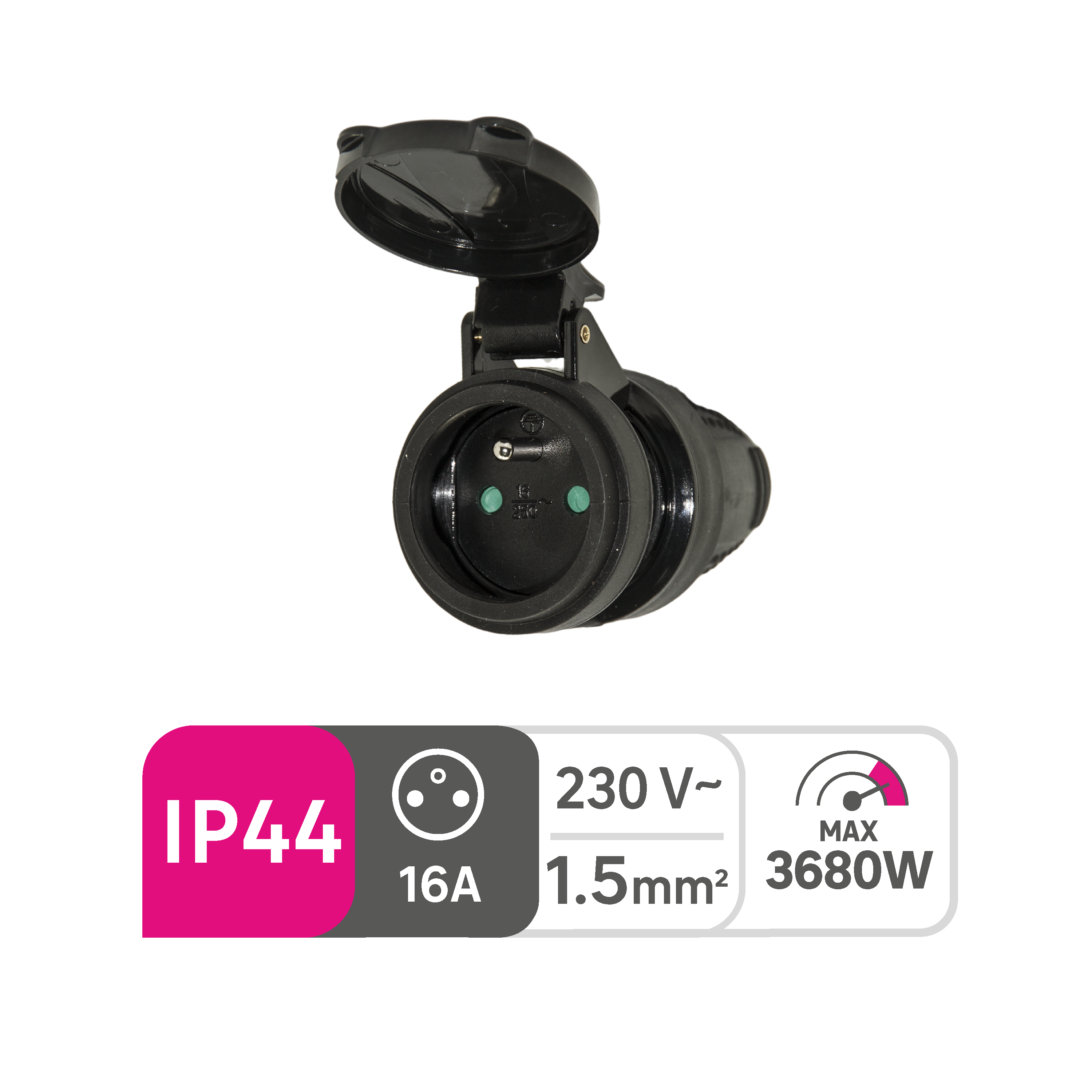 Fiche électrique femelle étanche IP44 2 pôles + terre, 16 A, noir, Lexman - 5