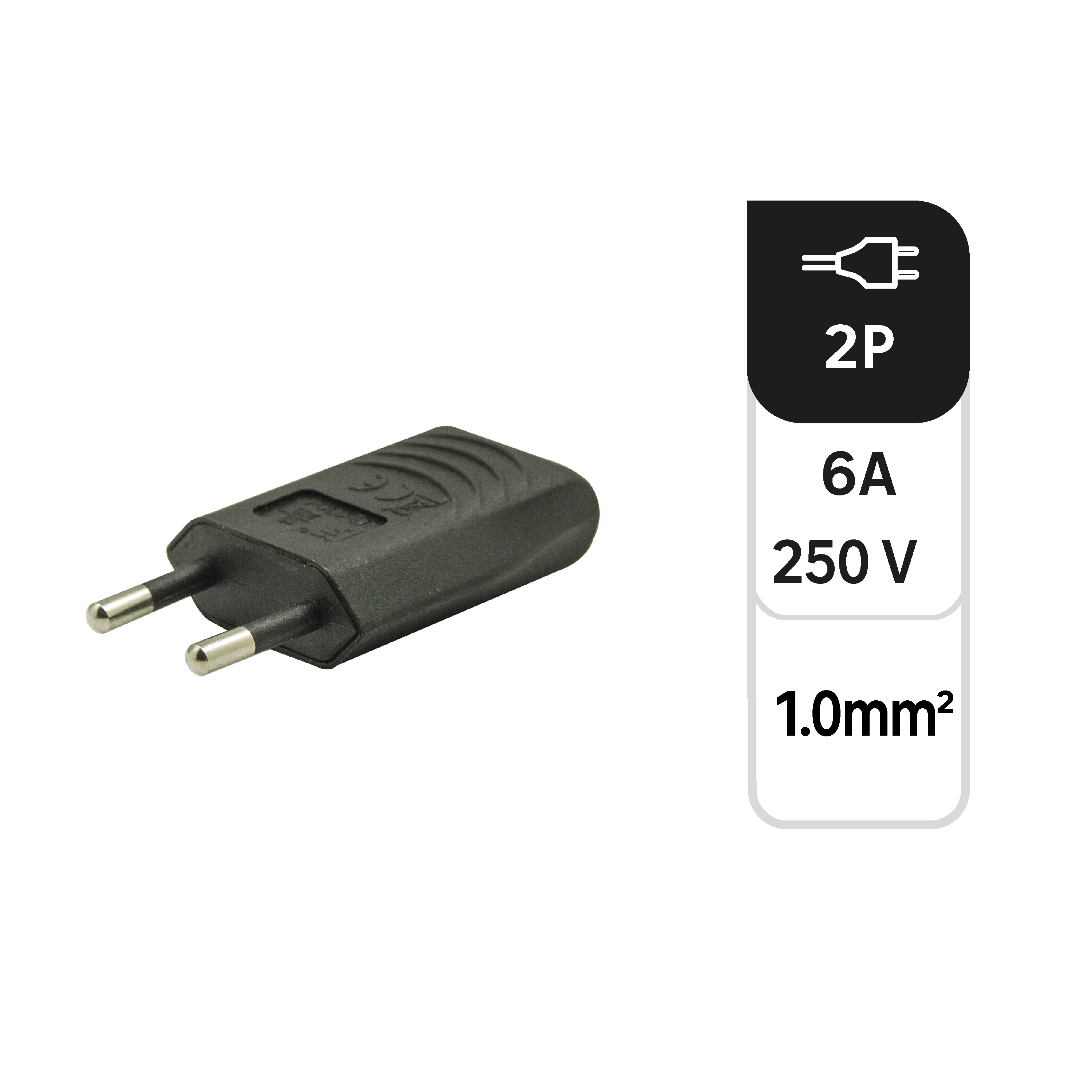 Fiche électrique mâle 2 pôles, connexion sur le côté, 6 A, noir - 3