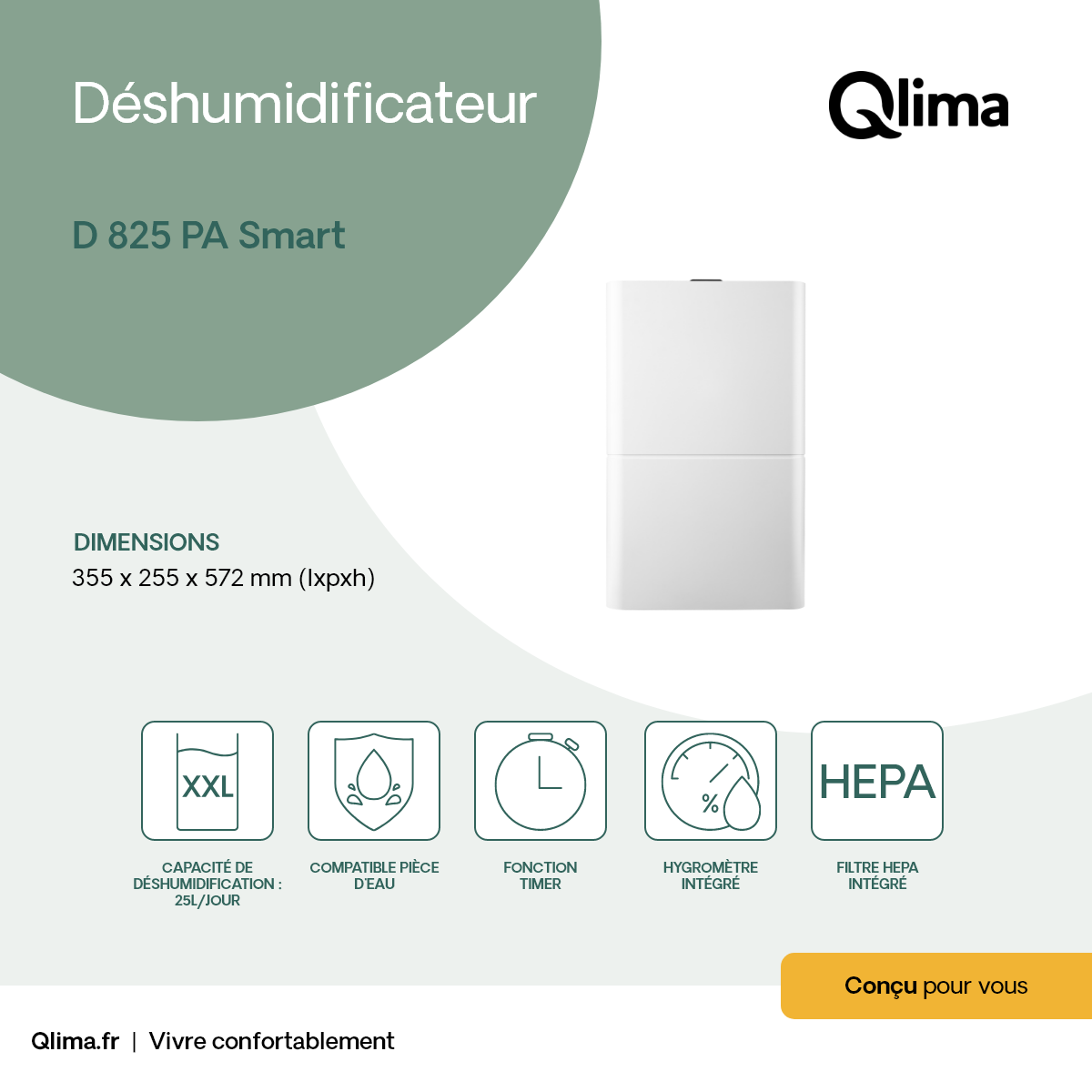 Déshumidificateur d’air Qlima D 825 PA Smart, de 41 à 100m², 3,8L - 2
