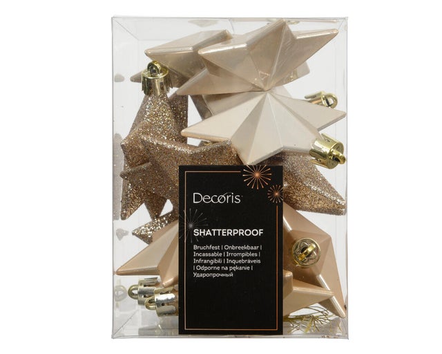 Conjunto de 12 enfeites em forma de estrela 12 cm champagne