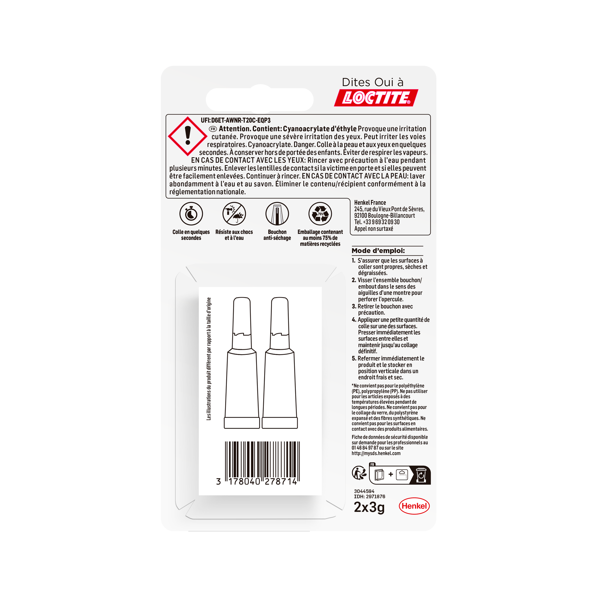 Lot de 2 colle de réparation Cyanoacrylate Super glue 3 universel LOCTITE, 3g tr - 7