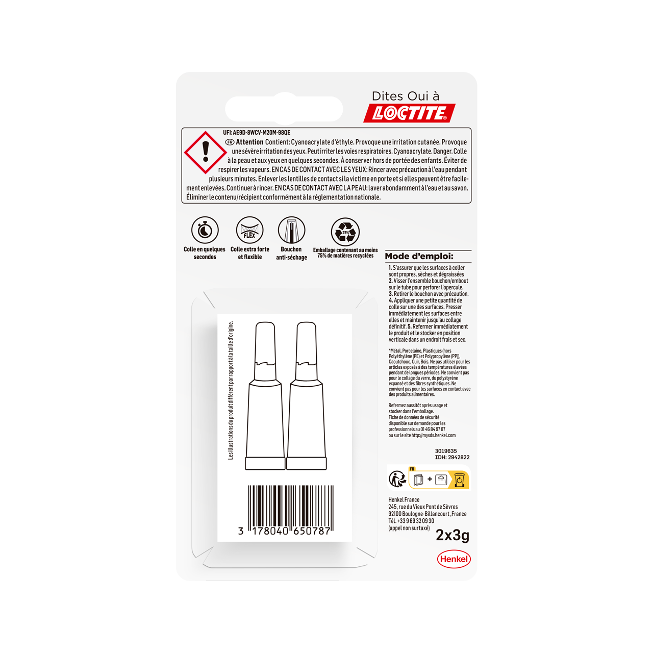 Lot de 2 colle d'assemblage gel cyanoacrylate LOCTITE Superglue3 power transp 3g - 8