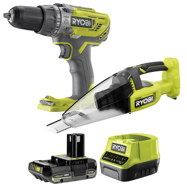 Zestaw narzędzi akumulatorowych Ryobi 18V ONE+ wiertarko-wkrętarka odkurzacz ręczny akumulator 2.5 Ah i ładowarka RCK18V-1C25L