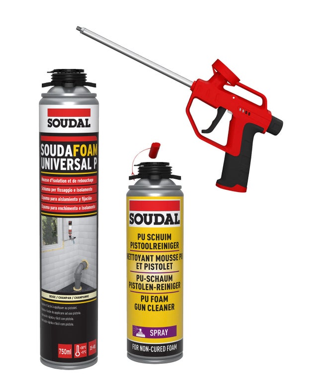 Mousse expansive polyuréthane universelle pistolable 750 ml + pistolet - SOUDAFOAM UNIVERSAL P (lot de 10)