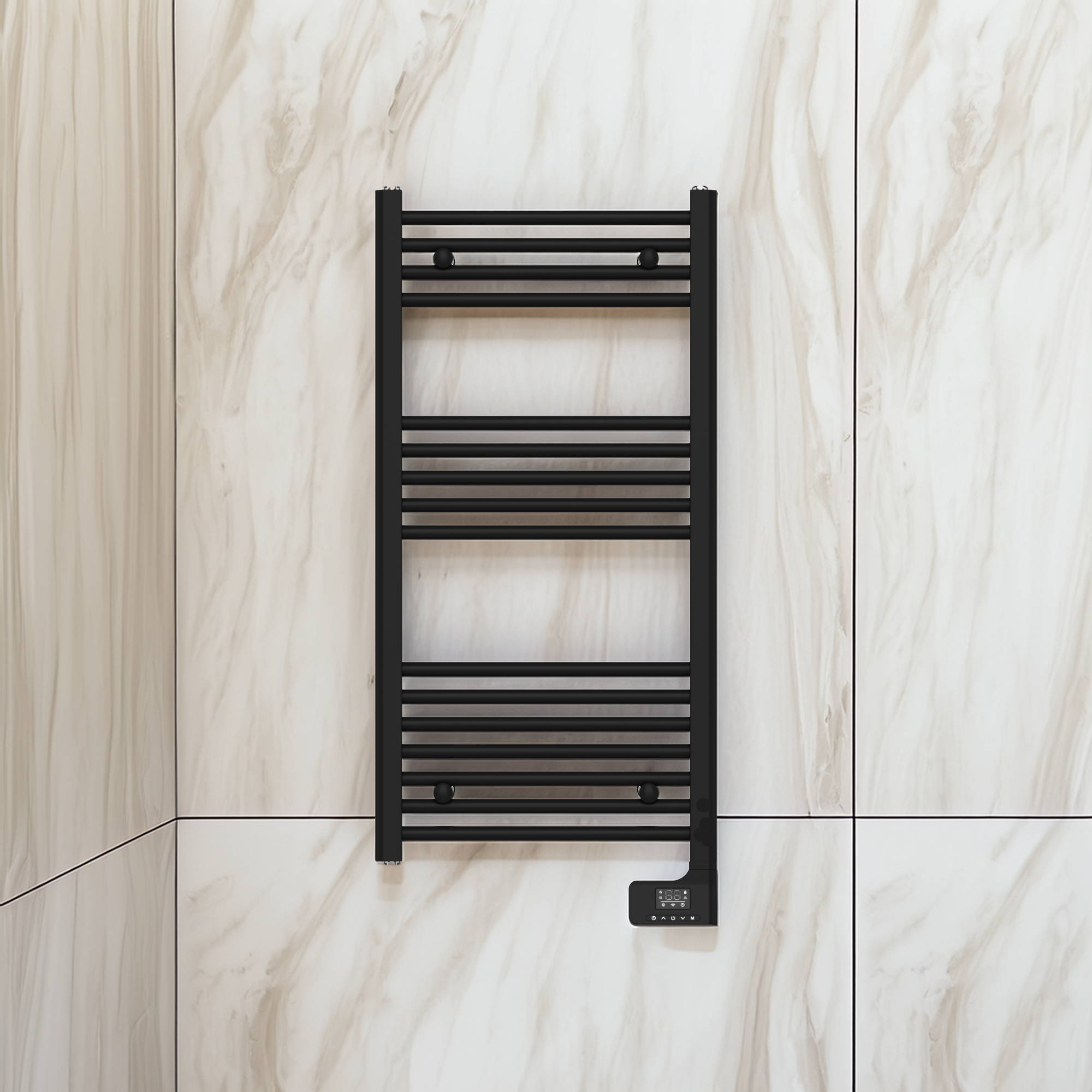 Grzejnik na ścianie z jasnych płytek.