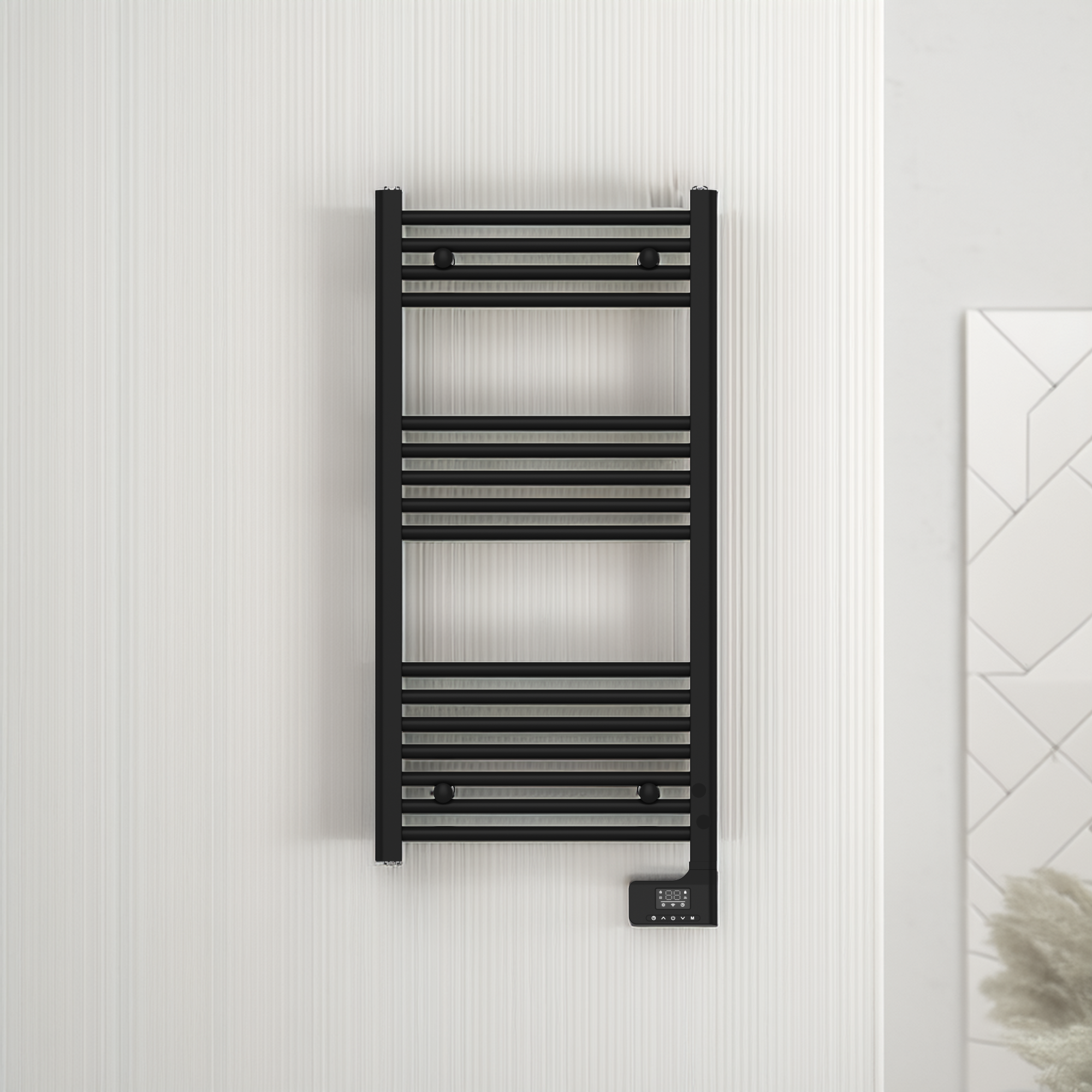 Czarny grzejnik elektryczny MOTESSI na ścianie.