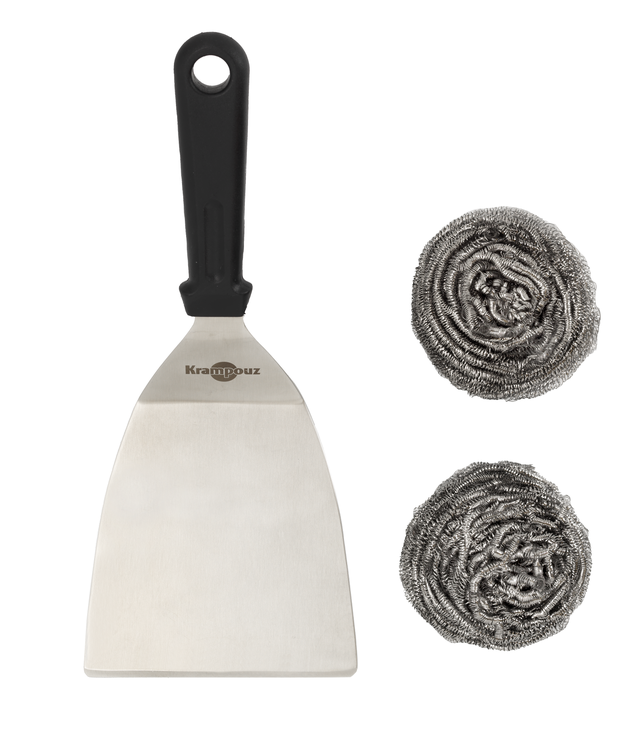 Kit de nettoyage KRAMPOUZ pour plancha inox, 1 spatule coudée + 2 boules inox