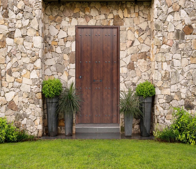 Puerta metálica rústica Eco color nogal de apertura derecha de 210x89cm