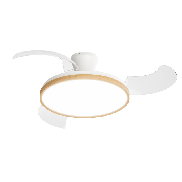 Ventoinha de teto retrátil 3 pás com lâmpada silenciosa D107 CCT Dimável branco madeira Sama Inspire
