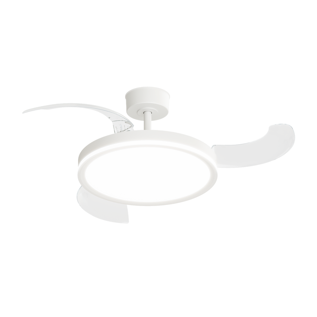 Ventoinha de teto retrátil com lâmpada silenciosa D107 cm 5200 Lm CCT Dimável DC IP44 branco

