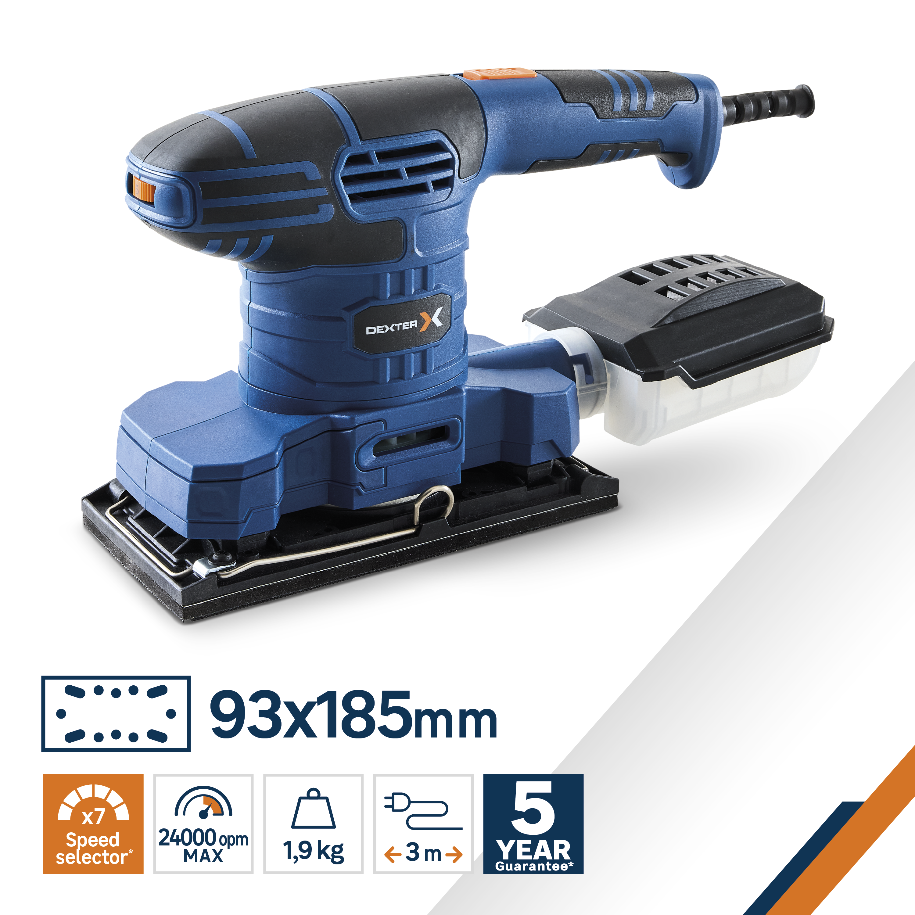 Lixadora orbital 1/3 com fio 260 W  6000-13000 rpm 93x185/230 mm Dexter - 5