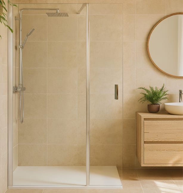 MAMPARA PANEL DE DUCHA PUERTA ABATIBLE CARIBE PRO 50CM CON TIRADOR CROMO - 1