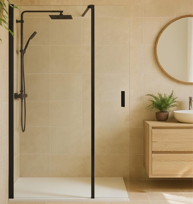 MAMPARA PANEL DE DUCHA PUERTA ABATIBLE CARIBE PRO 50CM CON TIRADOR NEGRO