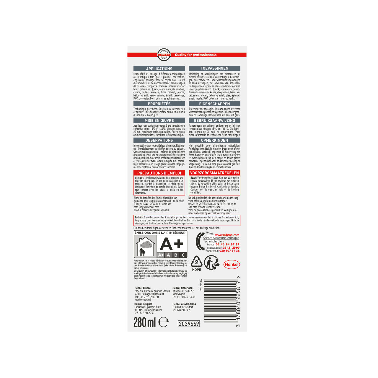 Mastic zinguerie couverture blanc 280 ml - RUBSON MS3 - 2