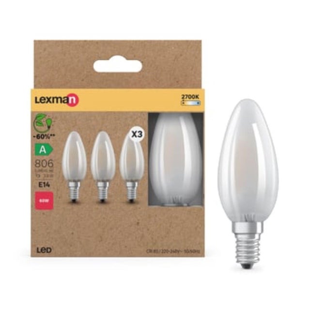 Pack de 3 bombillas LED filamento E14 vela opaco 3.8W 806 lm blanco cálido