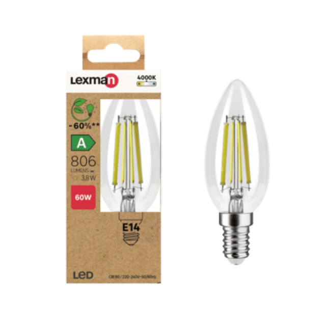 Bombilla LED filamento E14 vela 3.8W 806 lm blanco neutro