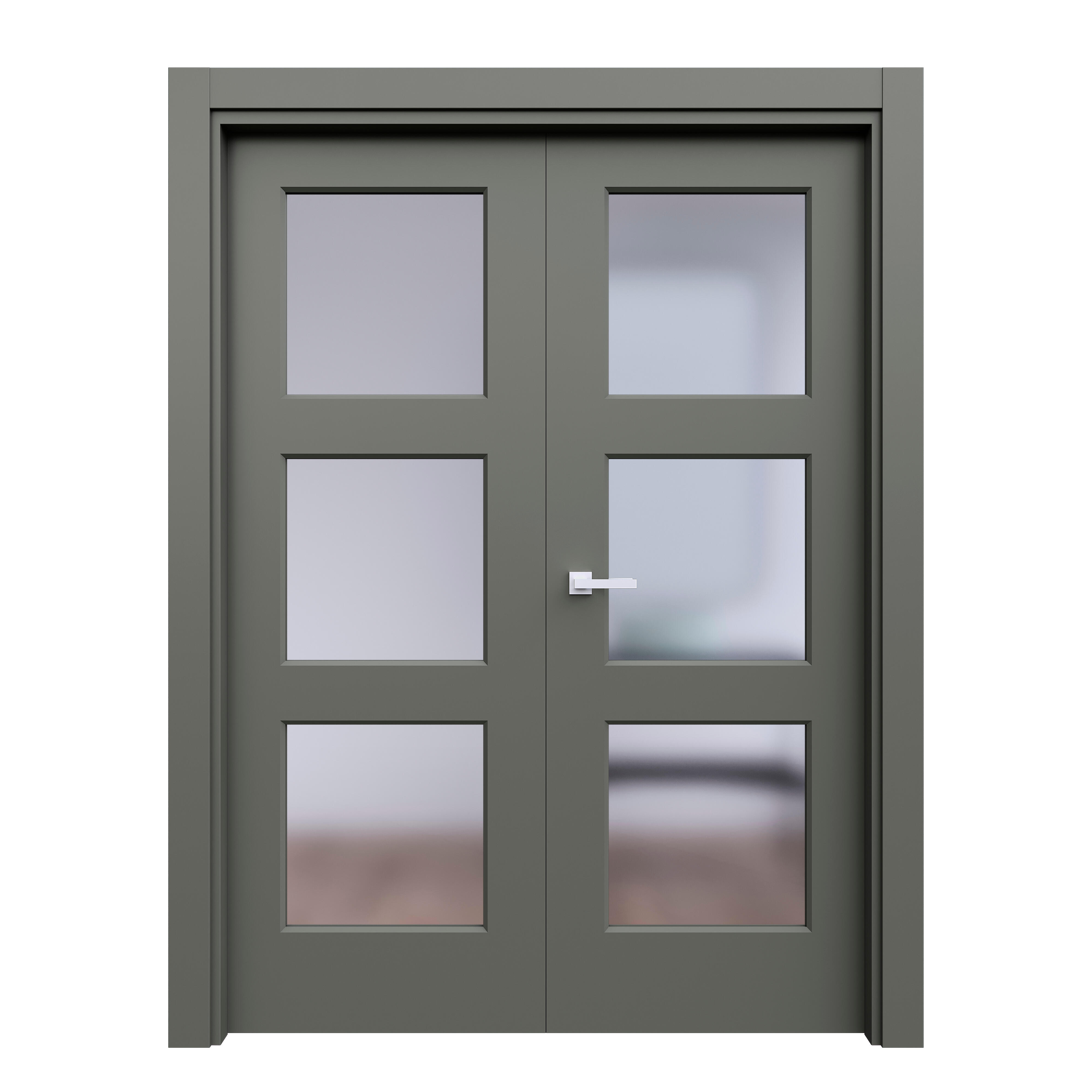 Puerta de interior abatible doble con cristal maciza lacada tinte castalla greco gris apertura derecha cerco de 9x3 anchura 145cm