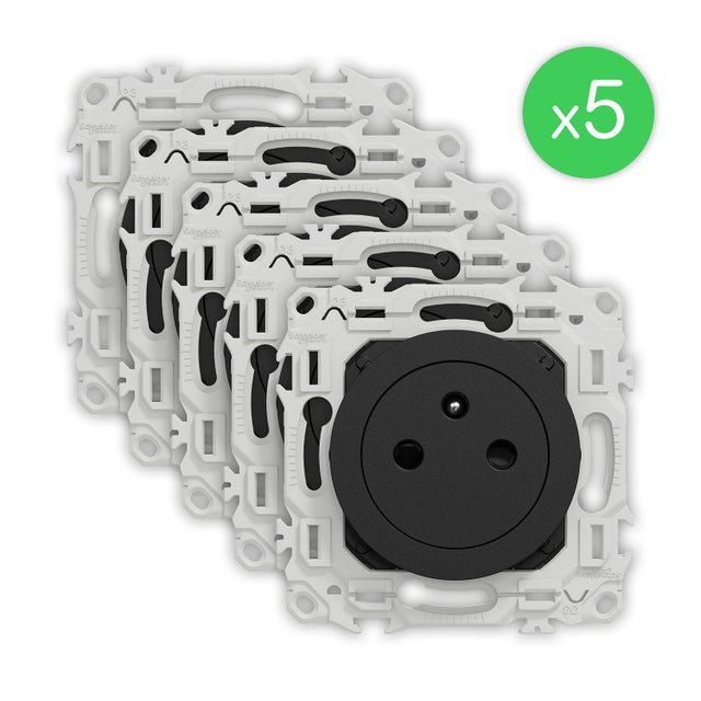 Lot de 5 prises affleurantes avec terre Odace, SCHNEIDER ELECTRIC, noir