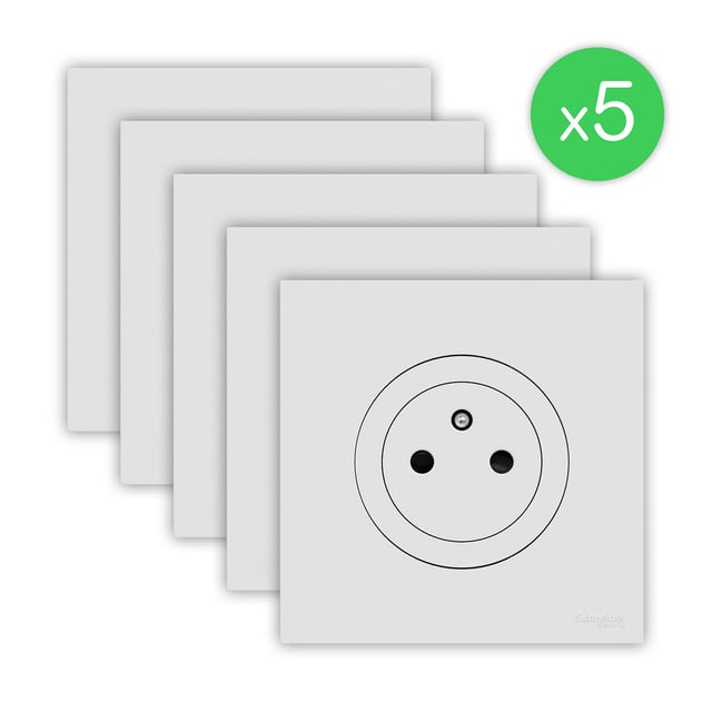 Lot de 5 prises affleurantes avec terre complet Odace, SCHNEIDER ELECTRIC, blanc