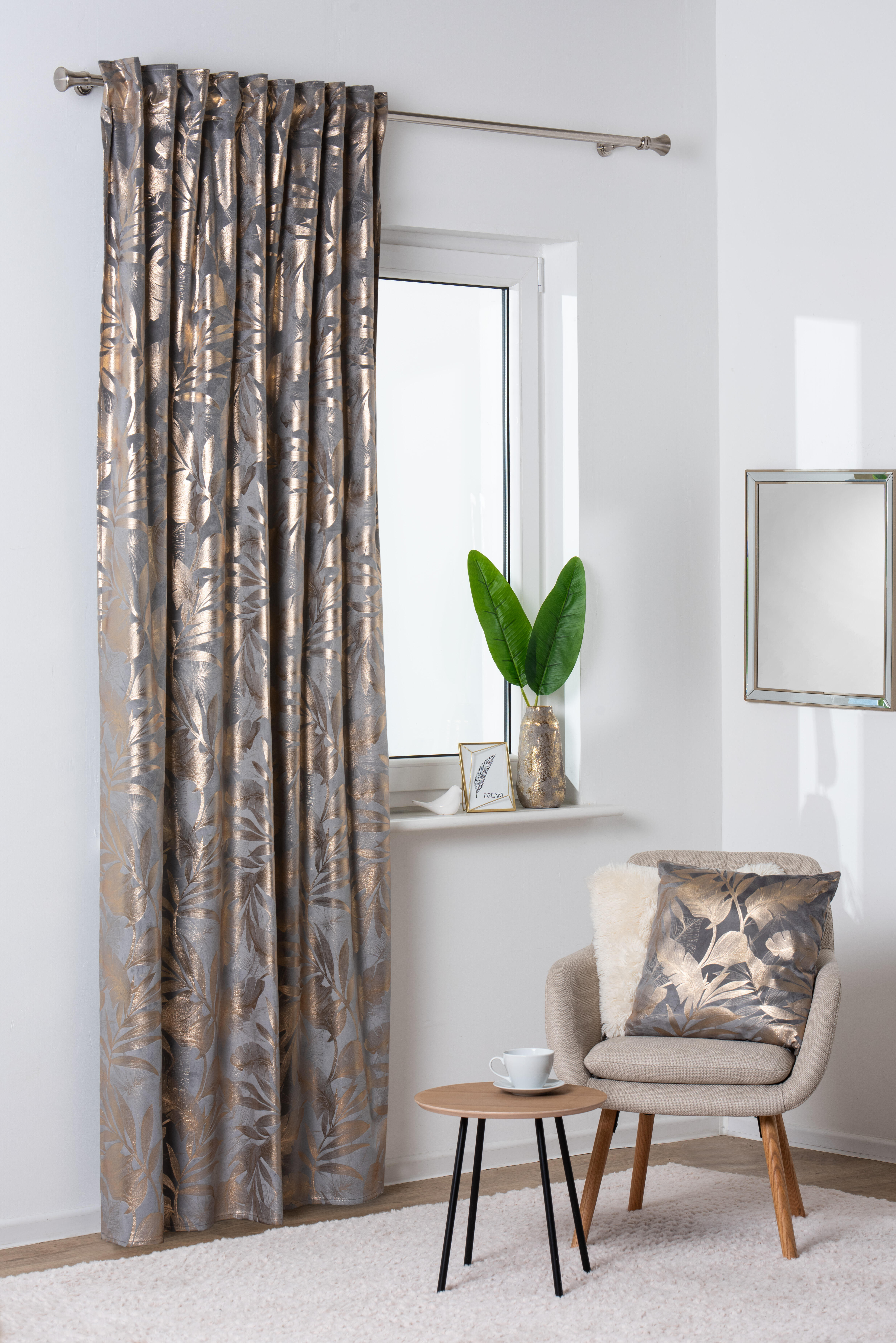 Zasłona Velora Liście szaro-złota 140 x 260 cm na taśmie - 2