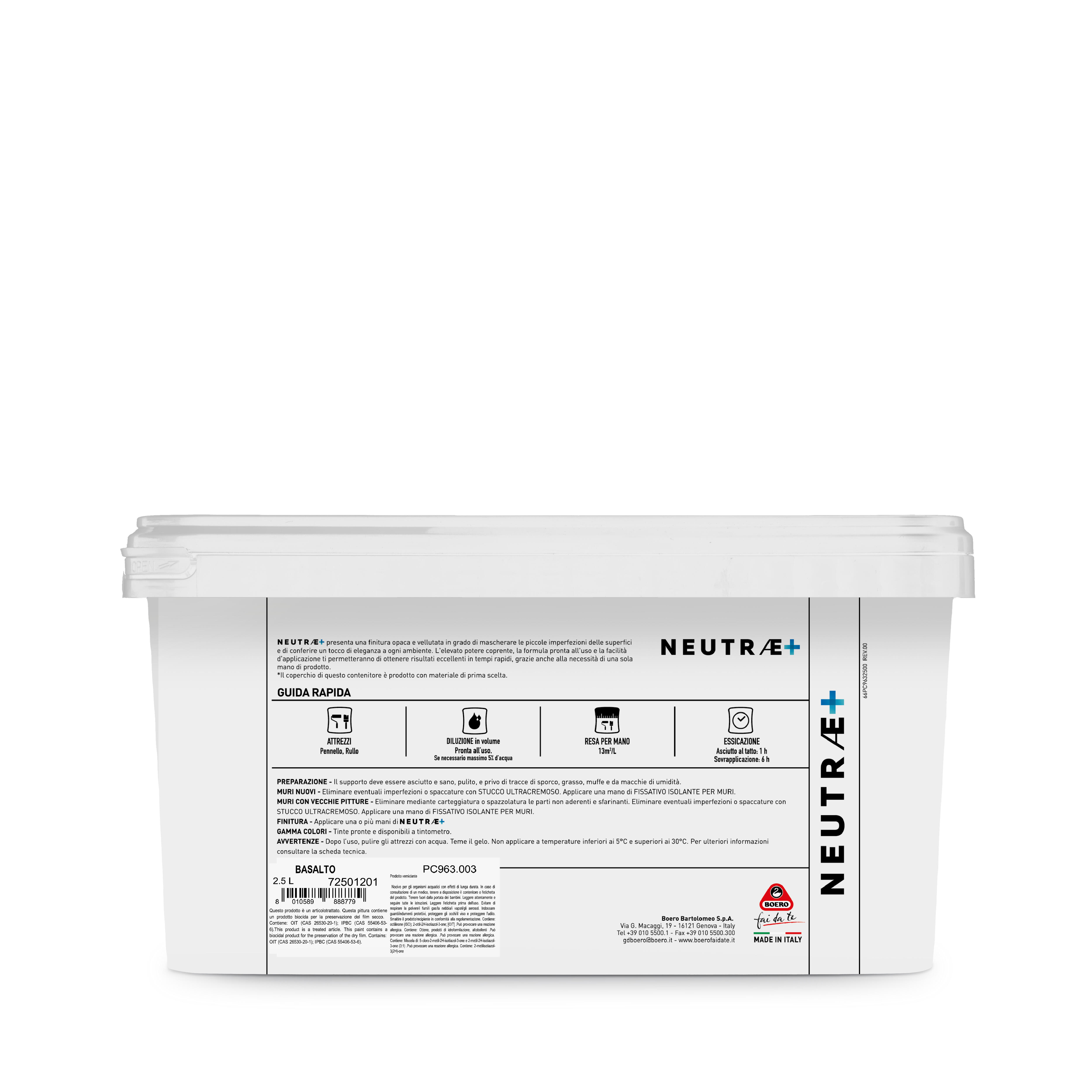 Pittura per interni per parete e soffitto antimuffa, BOERO FAI DA TE NEUTRAE+ opaco, 2.5 L - 5