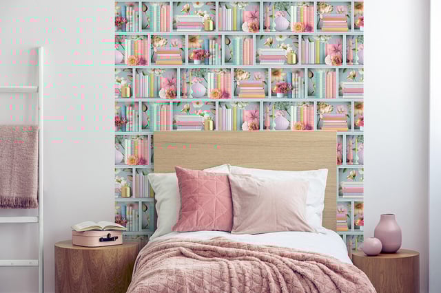 Papier peint vinyle sur intissé illusions étagère florale bleu