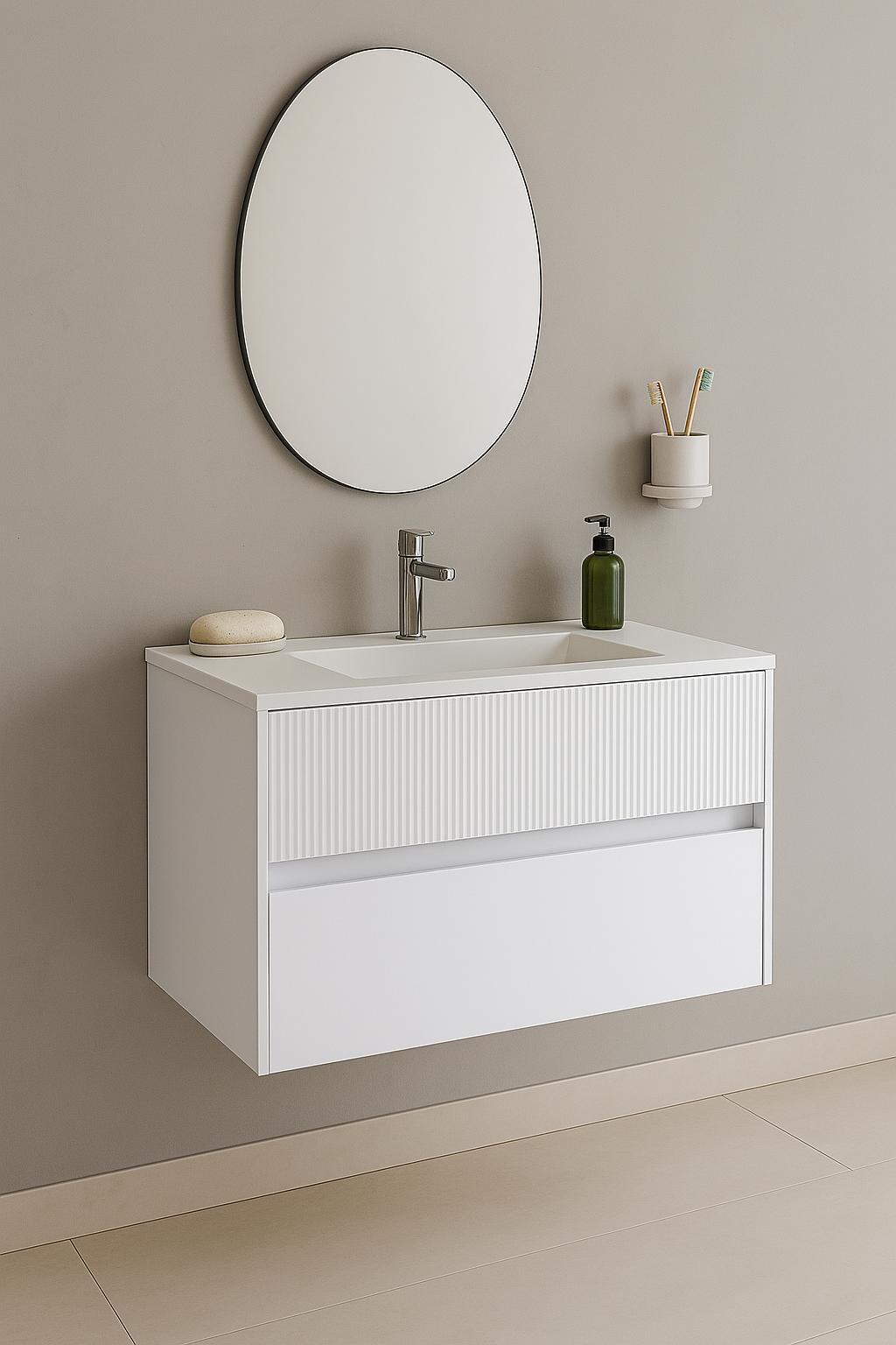 Mobile da bagno sospeso sotto lavabo Niwa 2 cassetti L 89.5 x H 50 x P 45.5 cm bianco laccato opaco cannettato - 2