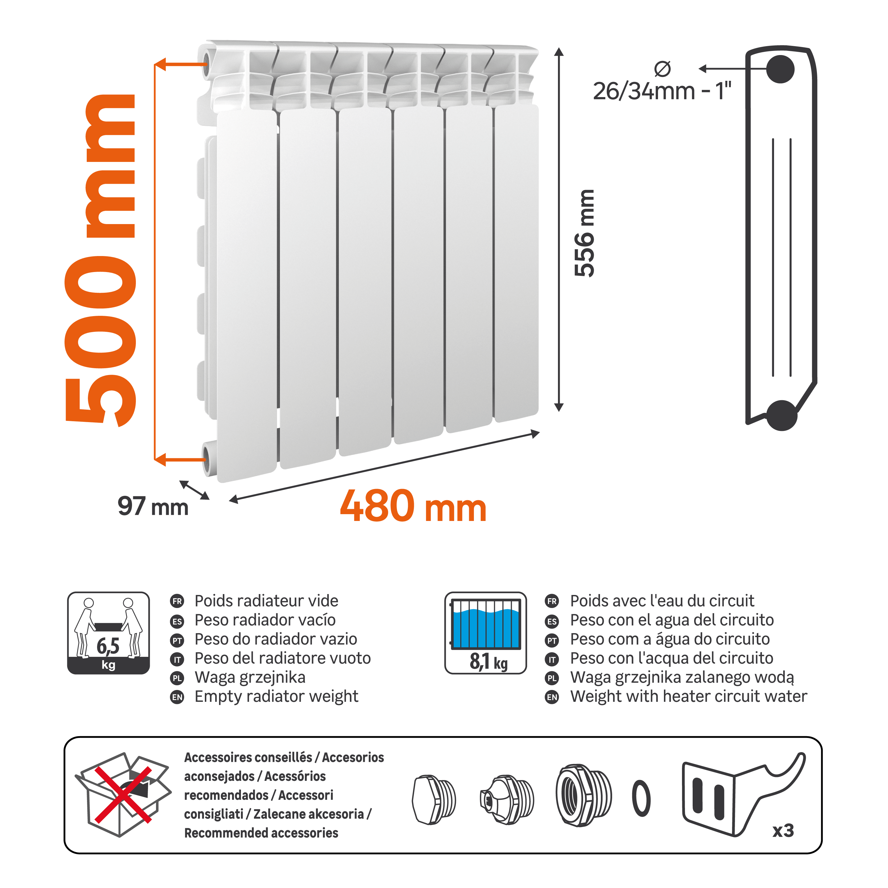 Radiateur eau chaude 660W, l.48xH.55.6 cm Alurad EQUATION horizontal blanc - 3
