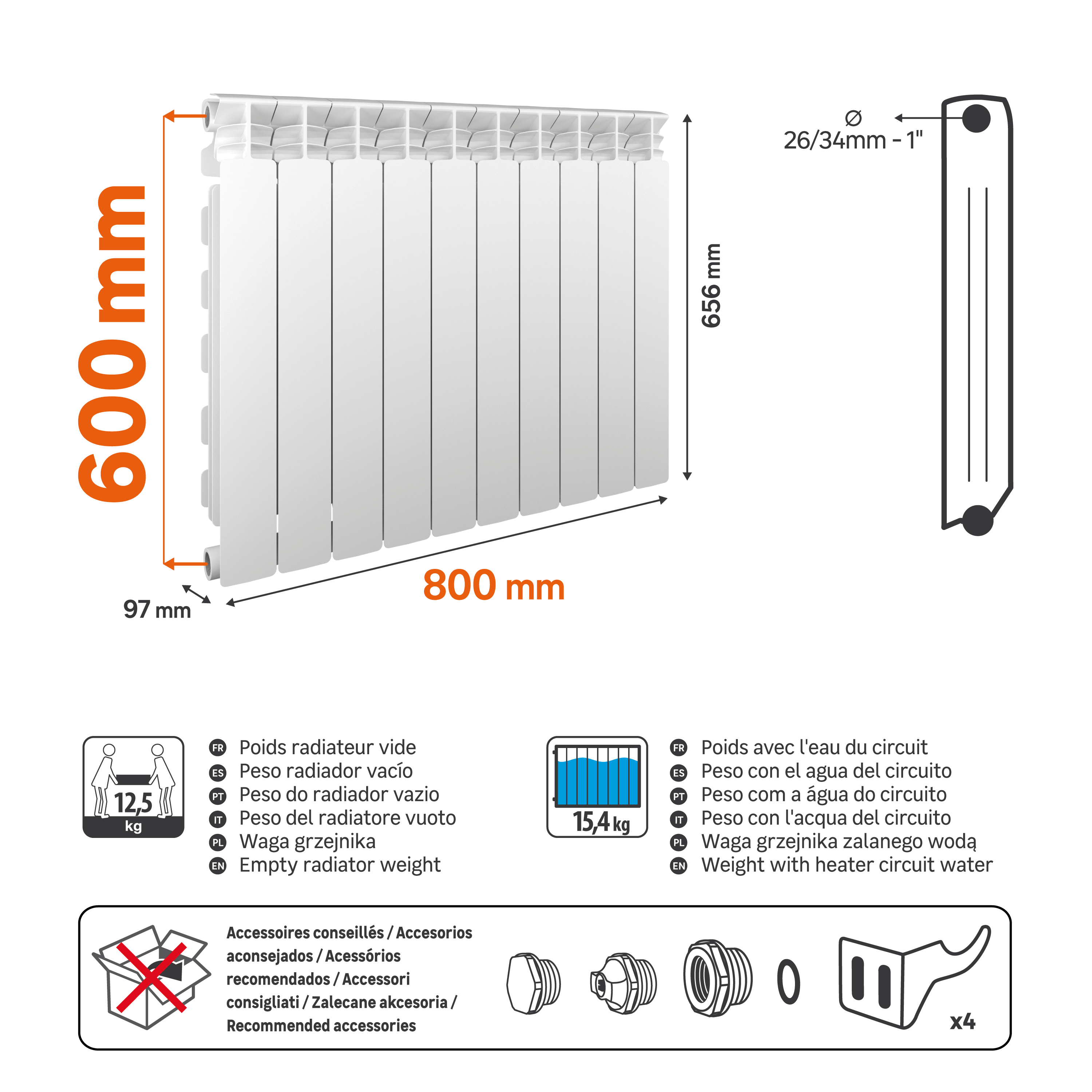 Radiateur eau chaude horizontal 1275W, l.80xH.65.6cm blanc EQUATION Alurad - 3