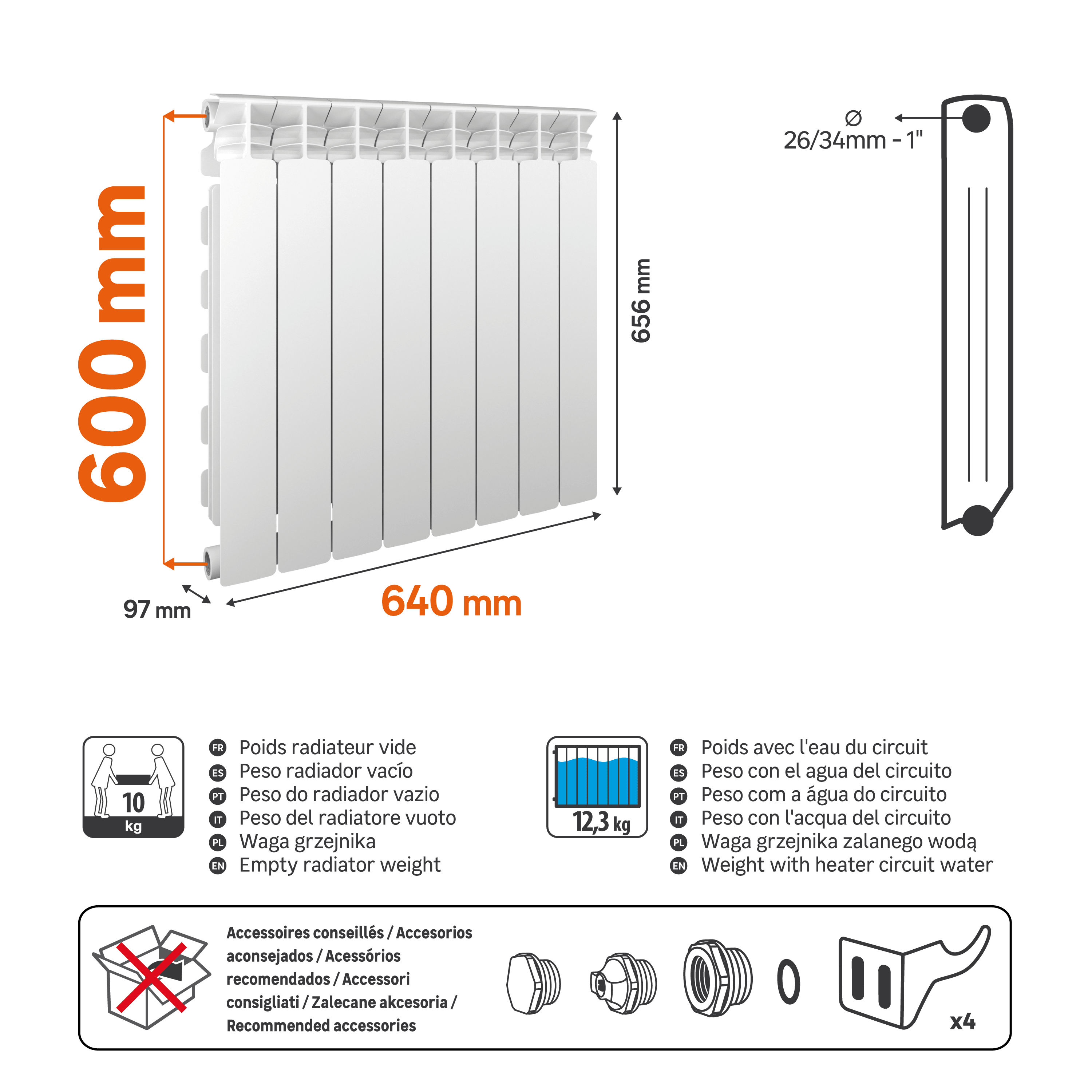 Radiateur eau chaude horizontal 1020W, l.64xH.65.6cm blanc EQUATION Alurad - 3