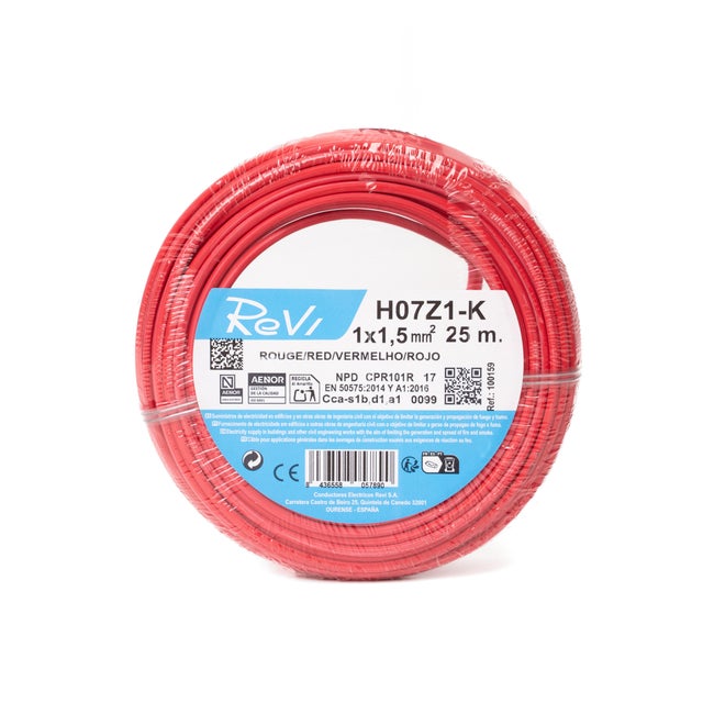 HILO FLEXIBLE LIBRE HALÓGENOS H07Z1-K 1.5mm2  ROJO 25M